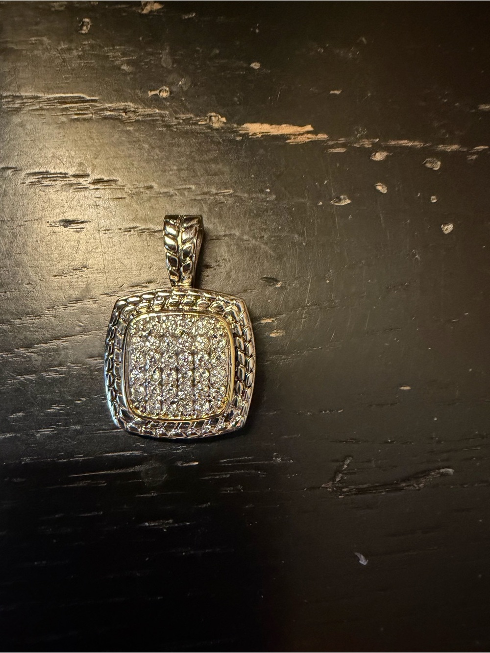 Silver Tone Pave Square Pendant Necklace - Silver